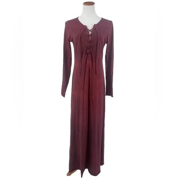 Free People Burgundy Lace Up Long Sleeve Jersey Maxi Dress - Picture 5 of 16